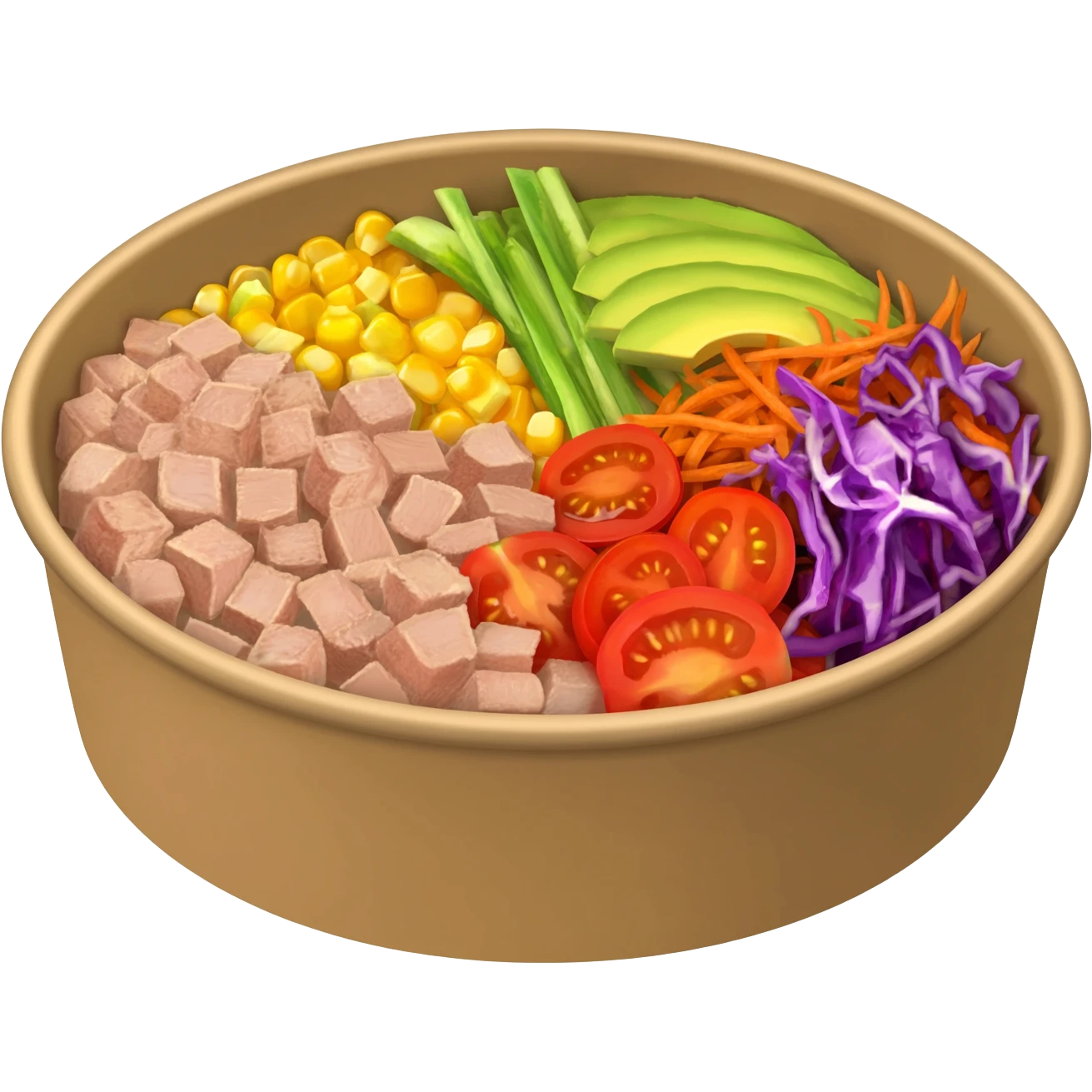 Poke bowl with tuna, tomato, corn, avocado, cucumber, carrot shedred, purple cabage, in a cardboard poke bowl.” emoji