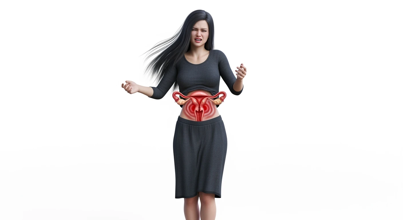 donna a figura intera con utero umano realistico in 3d in evidenza dolorante, espressione di dolore in volto, sfondo bianco, non farla computerizzata, ma iperrealistica 4k, sfondo bianco emoji