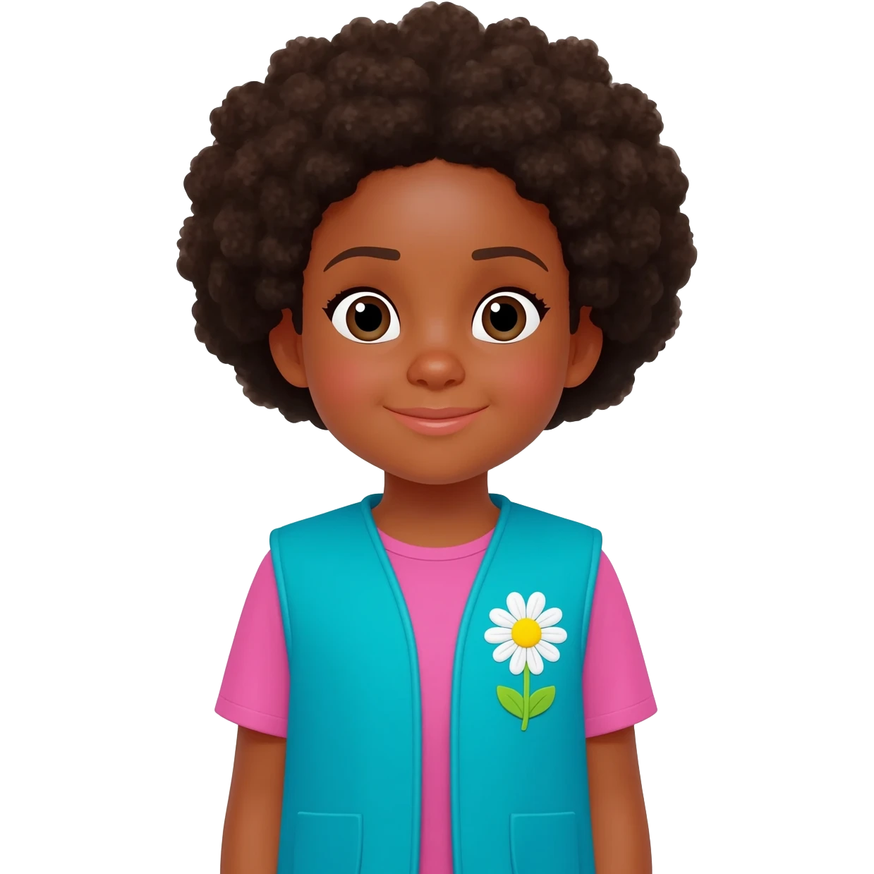 5 year old, fair skinned african american girl, in a blue Daisy Girl Scout vest with the Daisy logo included on her vest emoji
