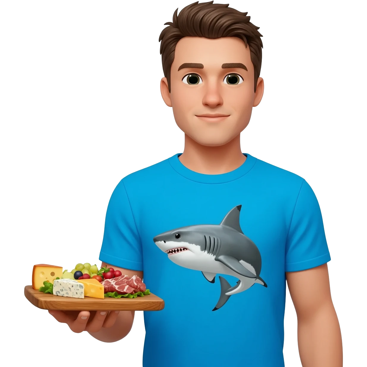 a handsome man wearing a t-shirt with a shark image on it.  He's holding great food on his left hand emoji