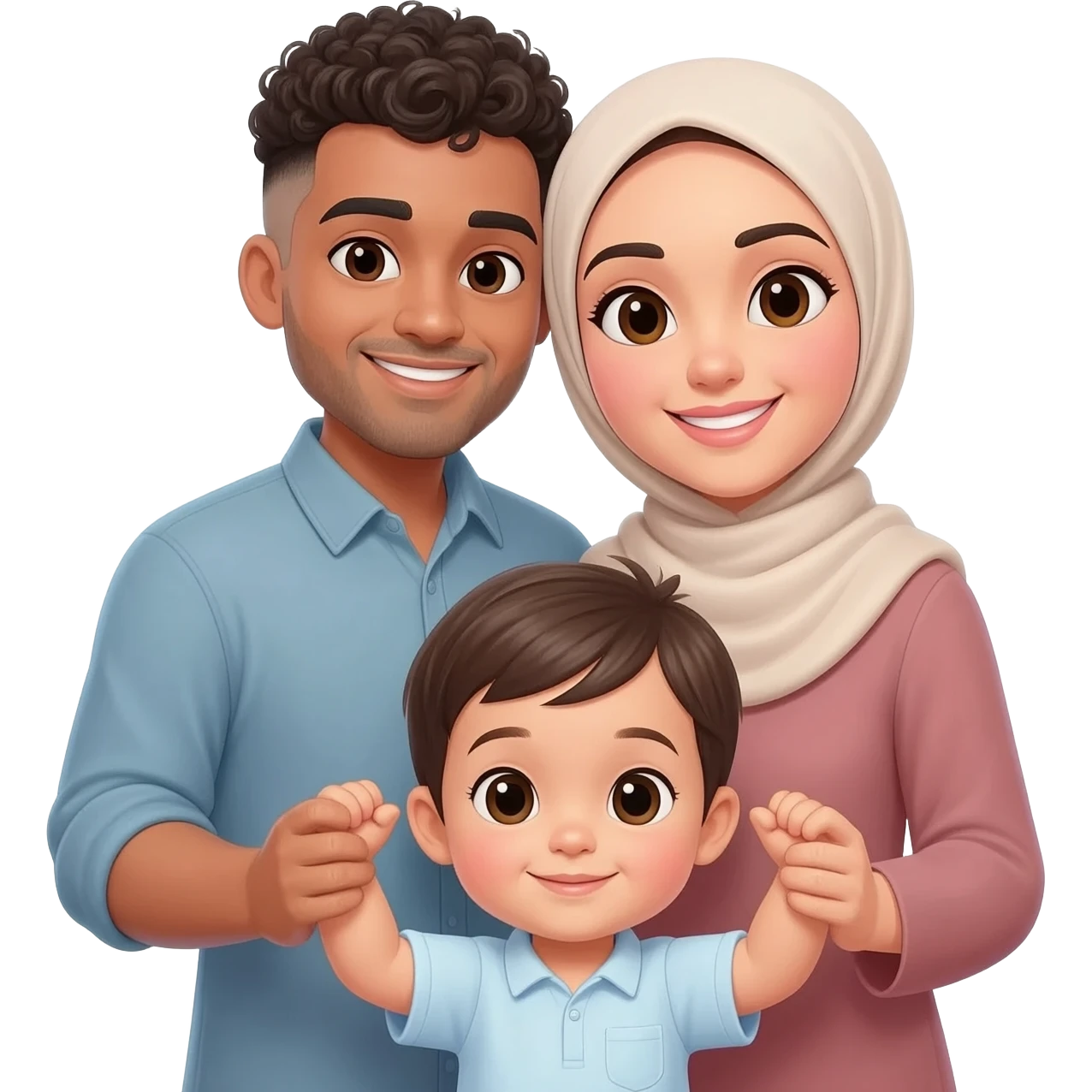 Family of four man woman 1 year old boy and baby girl but make the woman a hijabi and the boy younger man with a low fade pern get rid of the torso infront of woman give tha man curly hair with low fade emoji