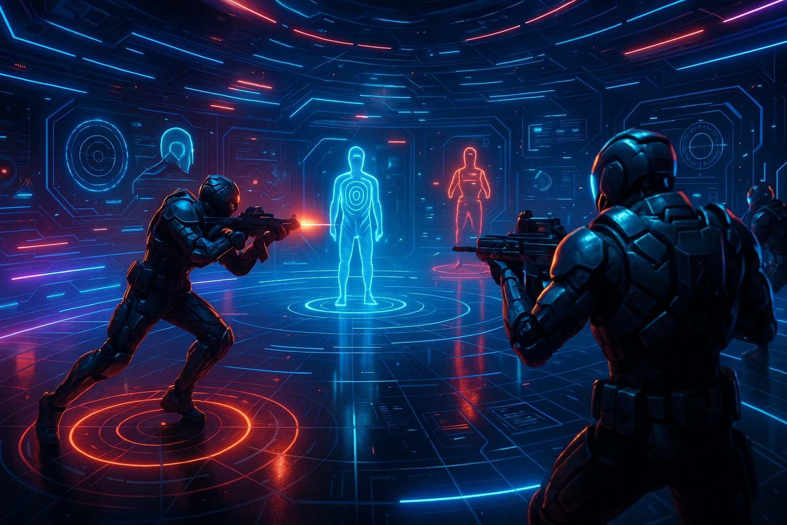 virtual combat training space, immersive digital environment, futuristic, advanced technology, glowing elements, dynamic action, suitable for a game or simulation, no text emoji