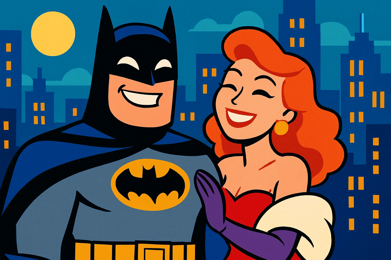 Batman with a woman in glamorous attire, both smiling, vibrant toon style, city background, lighthearted mood emoji