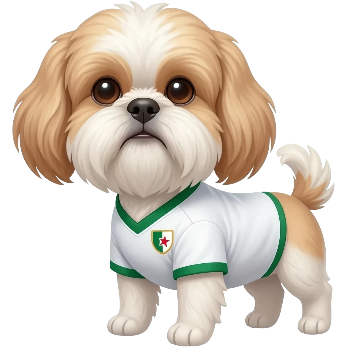 white and light brown shih zhu wearing aAlgeria soccer jersey v neck 2026 work cup emoji
