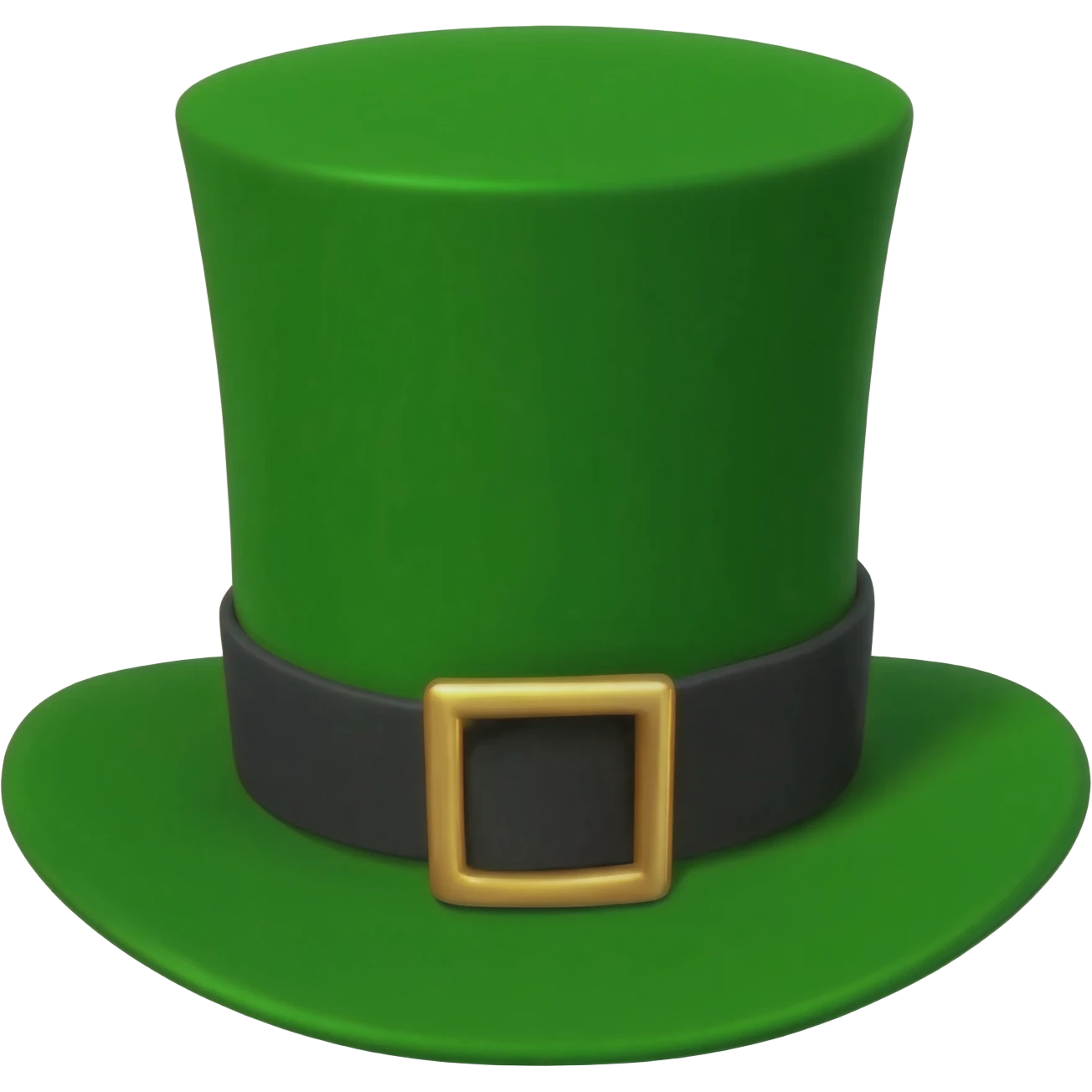 A tall, vibrant green leprechaun top hat with a black band and a prominent shiny gold buckle in the center. 3D rendered emoji style, realistic felt texture, high gloss finish, isolated on a pure white background. Bright, clean studio lighting. emoji