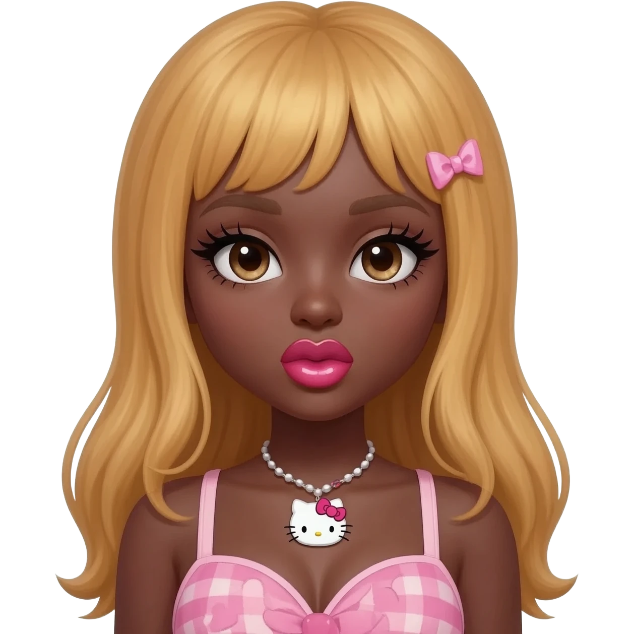 heart shaped lips, cute glossy lips, doll eyes with long lashes, dark brown skin, honey blonde hair, big chest, hello kitty necklace, one bow clip, bimbocore outfit emoji