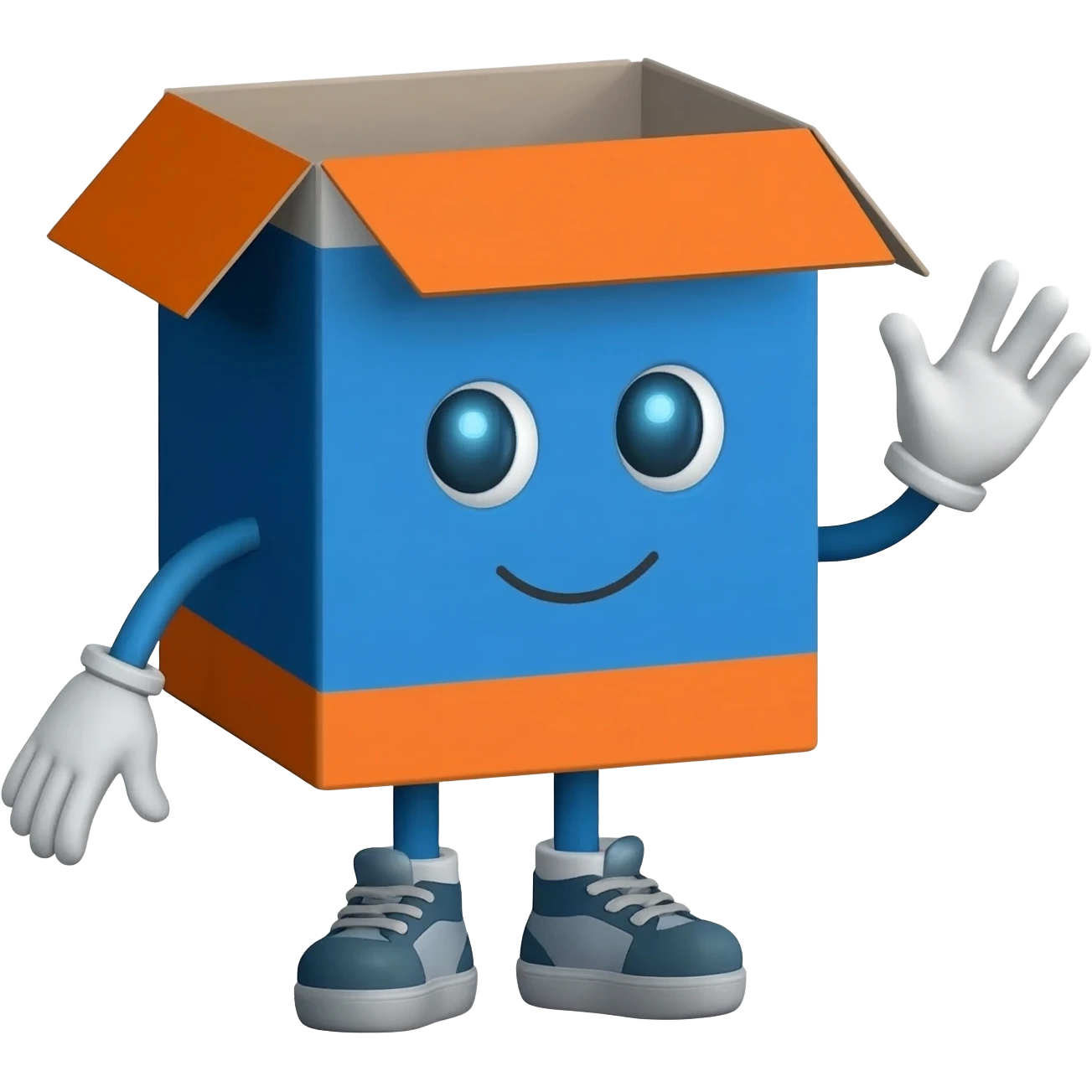 cute delivery box mascot waving hello, inspired by ACPL Cargo logistics brand, friendly customer chatbot emoji, blue and orange colors, simple clean emoji style emoji