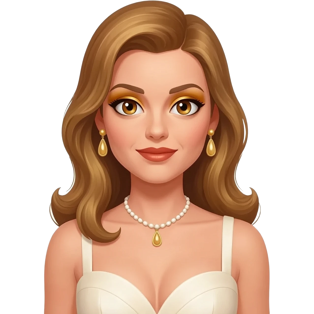 Gwendolyn Gann from James Bond Series with hazel eyes, long golden brown hair, gold eyeshadow and lipstick, ivory sweetheart dress, ivory necklace and earrings emoji