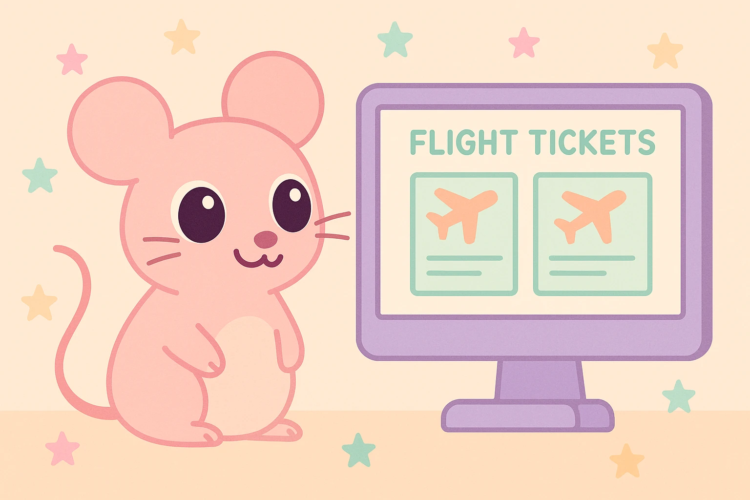 a cute style rat looking at flight tickets on a computer emoji