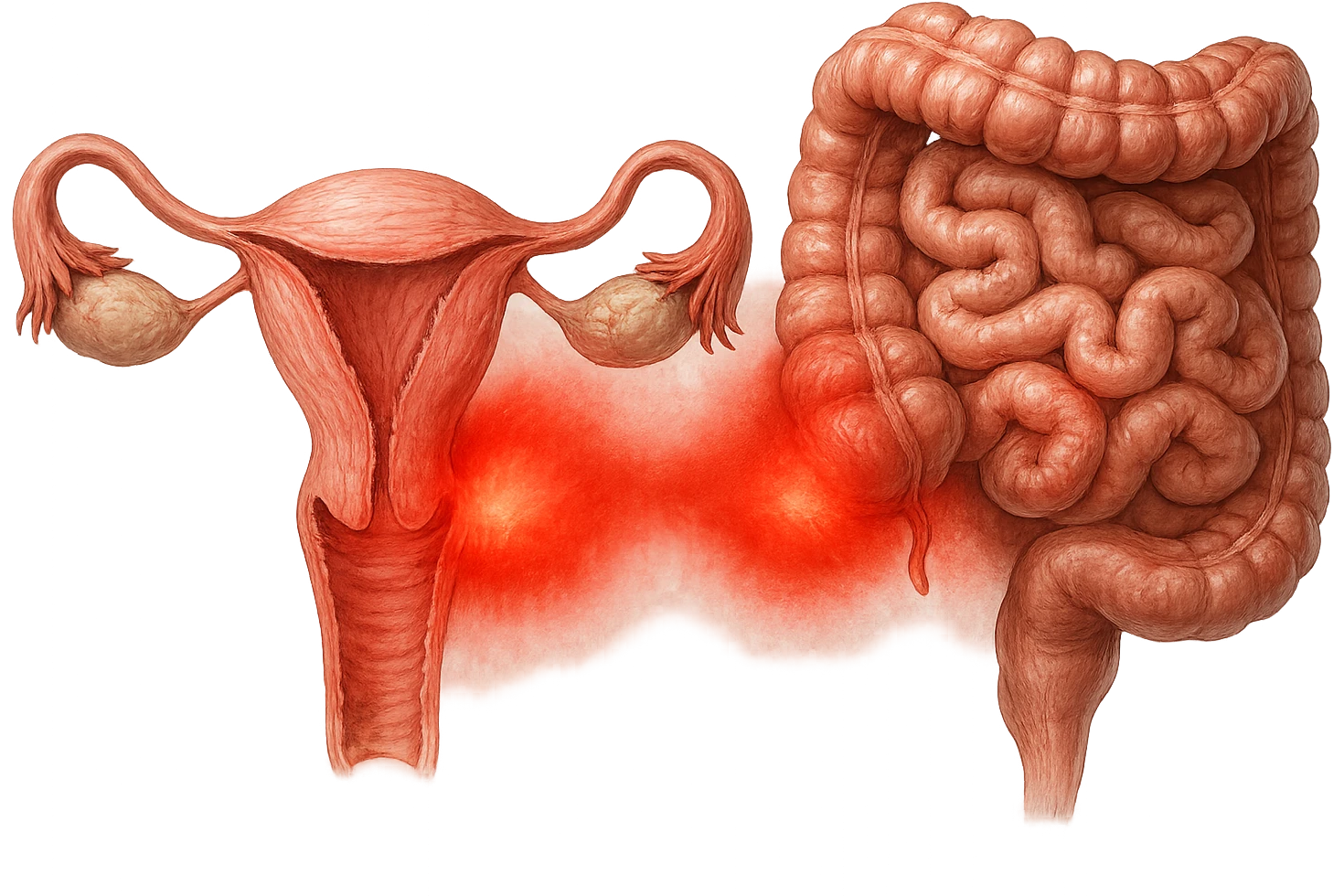 utero umano anatomico iperrealistico e intestino umano anatomico iperrealistico hanno in comune il dolore e l'infiammazione, rendi bene il collegamento tra i due organi doloranti emoji