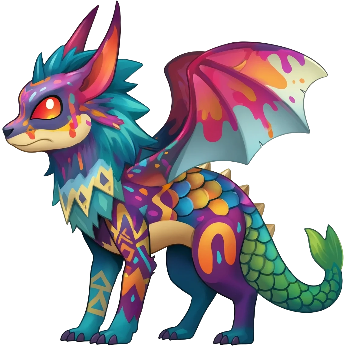 Colorful Exotic tropical Pokémon-Fakémon-hybrid-creature (full body) with tribal intricate splash-markings and patterns and furs and scales and spikes and fins and horns  emoji