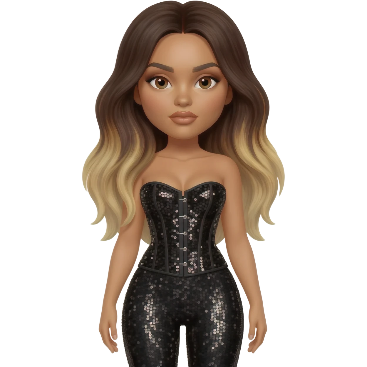 Jade Thirlwall with brown eyes, long dark brown hair with light blonde highlights, black sequin corset, black sequin leggings emoji