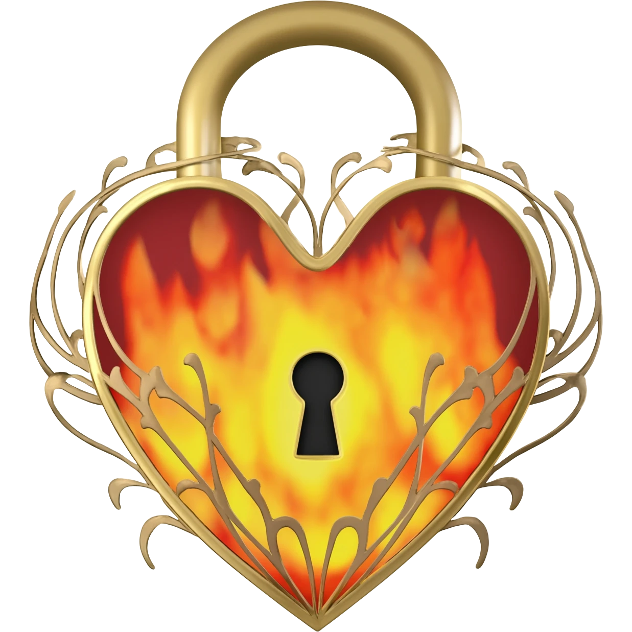 Emoji-style icon of a heart-shaped padlock made of shiny gold metal, with a keyhole in the center. Flames burning inside the heart and around it in yellow, orange, and red. Clean vector emoji design, glossy highlights, vibrant colors, centered, square format, white or transparent background. emoji