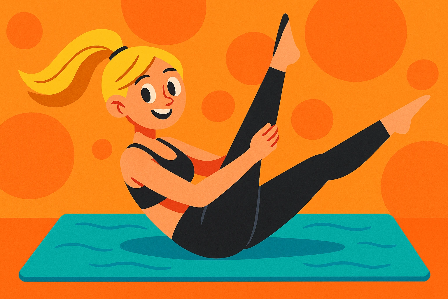 dirty blonde girl with black leggings and black bra doing pilates, stretching on a mat, vibrant toon style emoji