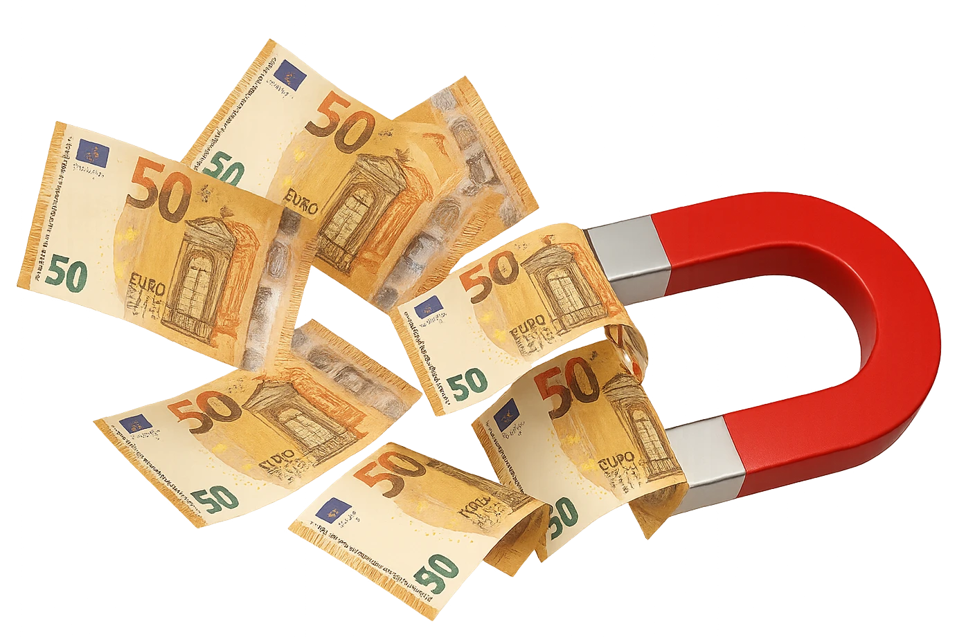 banconote di euro fluttuano vicino ad una calamita rossa, sono attratte, iperrealistico 4k emoji