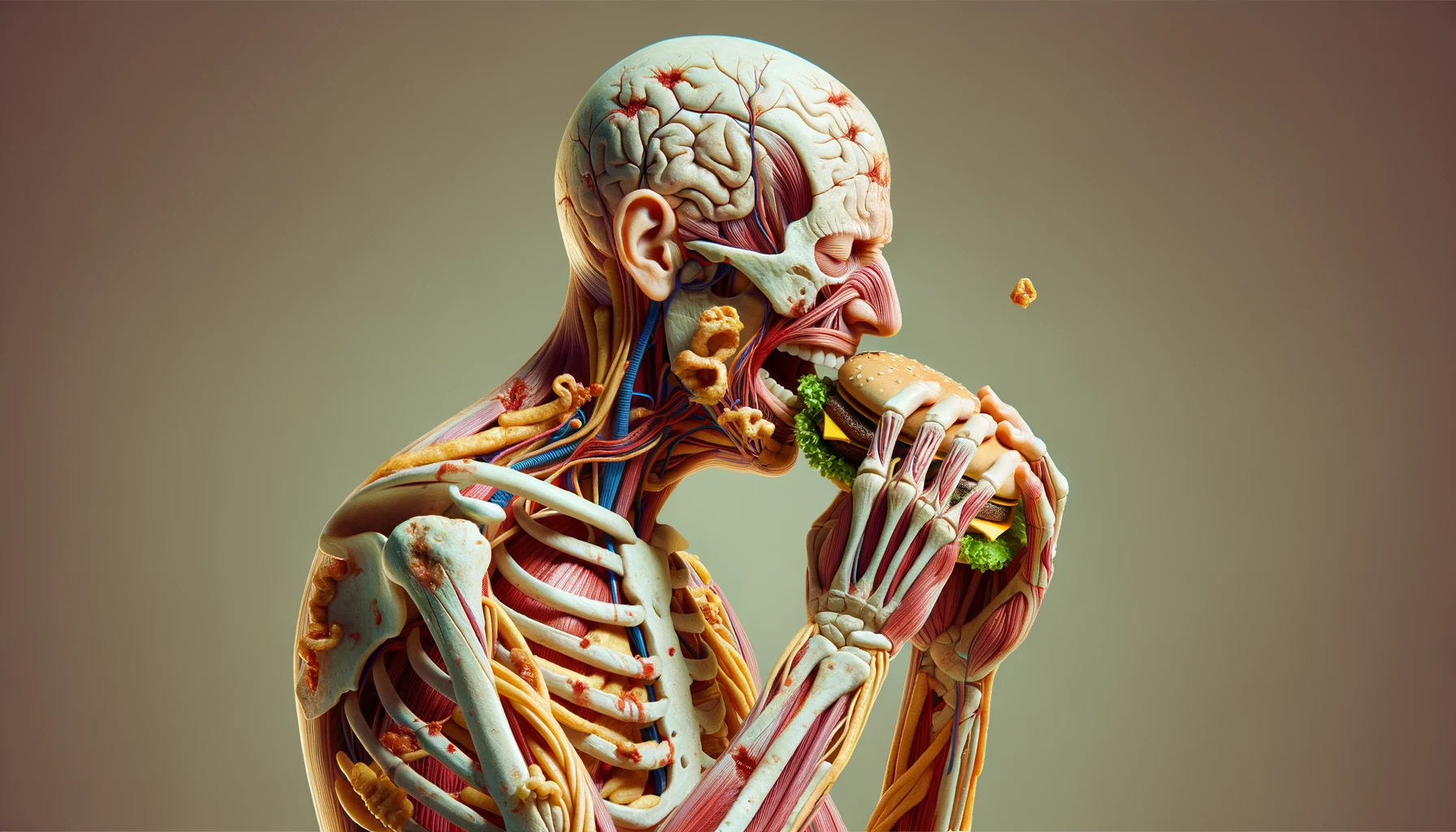 CORPO UMANO ANATOMICO CHE MANGIA FAST FOOD E STA MALE, SFONDO NEUTRO CHIARO, IPERREALISTICO 4K emoji