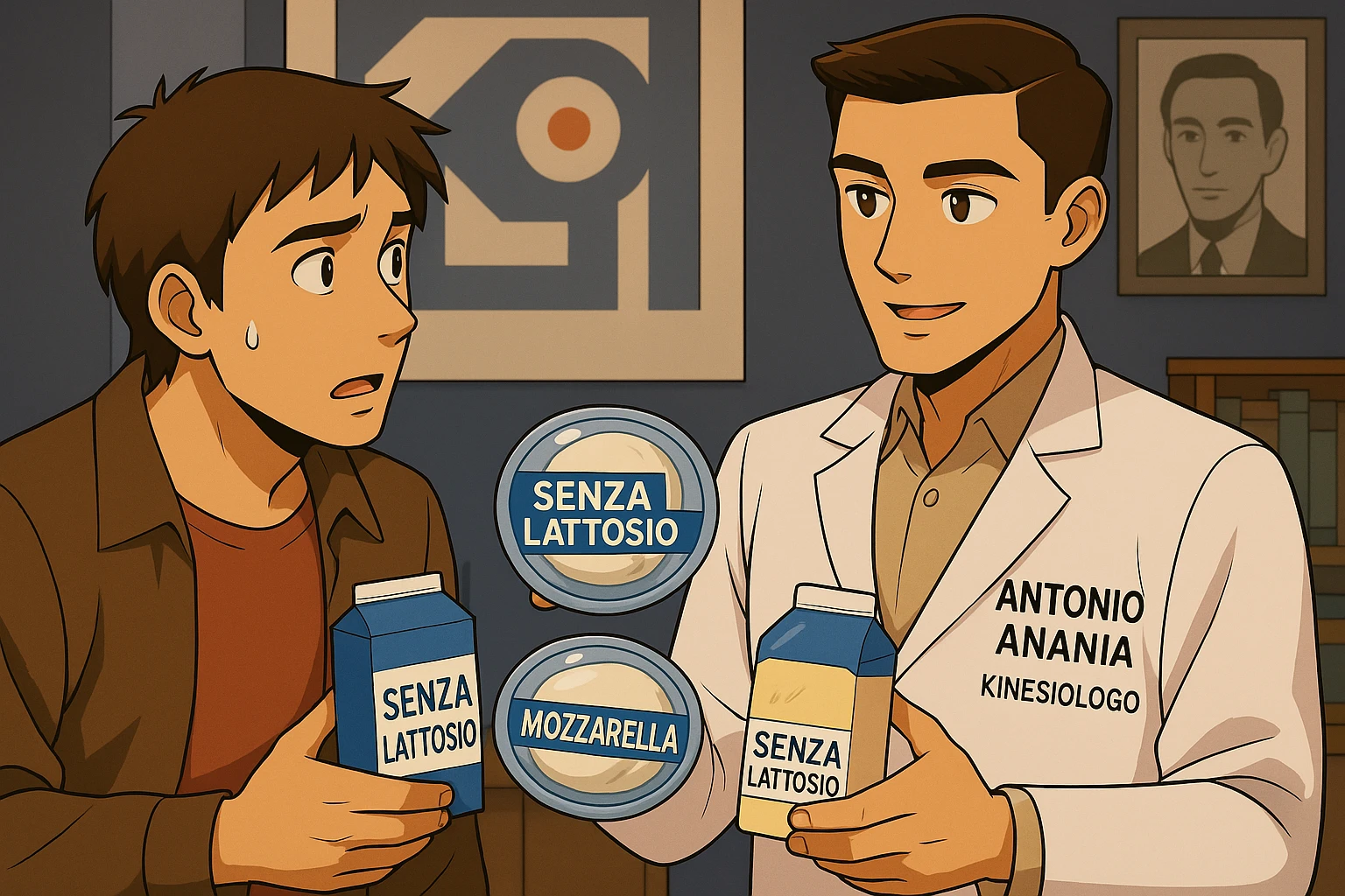 fai un webtoon manga a colori con questo stile, in cui un uomo ASCOLTA Il kinesiologo con il camice bianco (fagli anche la scritta "ANTONIO ANANIA" SUL CAMICE, IL KINESIOLOGO SPIEGA ALL'UOMO UNA MOSTRANDO VARI PRODOTTI DA SUPERMERCATO CONFEZIONATI (TIPO SCATOLA DI LATTE, MOZZARELLE CONFEZIONATE, FORMAGGIO CONFEZIONATO), OGNI CONFEZIONE HA LA SCRITTA "SENZA LATTOSIO SULL'ETICHETTA. L'UOMO OSSERVA IL KINESIOLOGO CON ESPRESSIONE CONFUSA IN VOLTO. non fare i fumetti però, fai solo in modo che sembri stiano parlando emoji