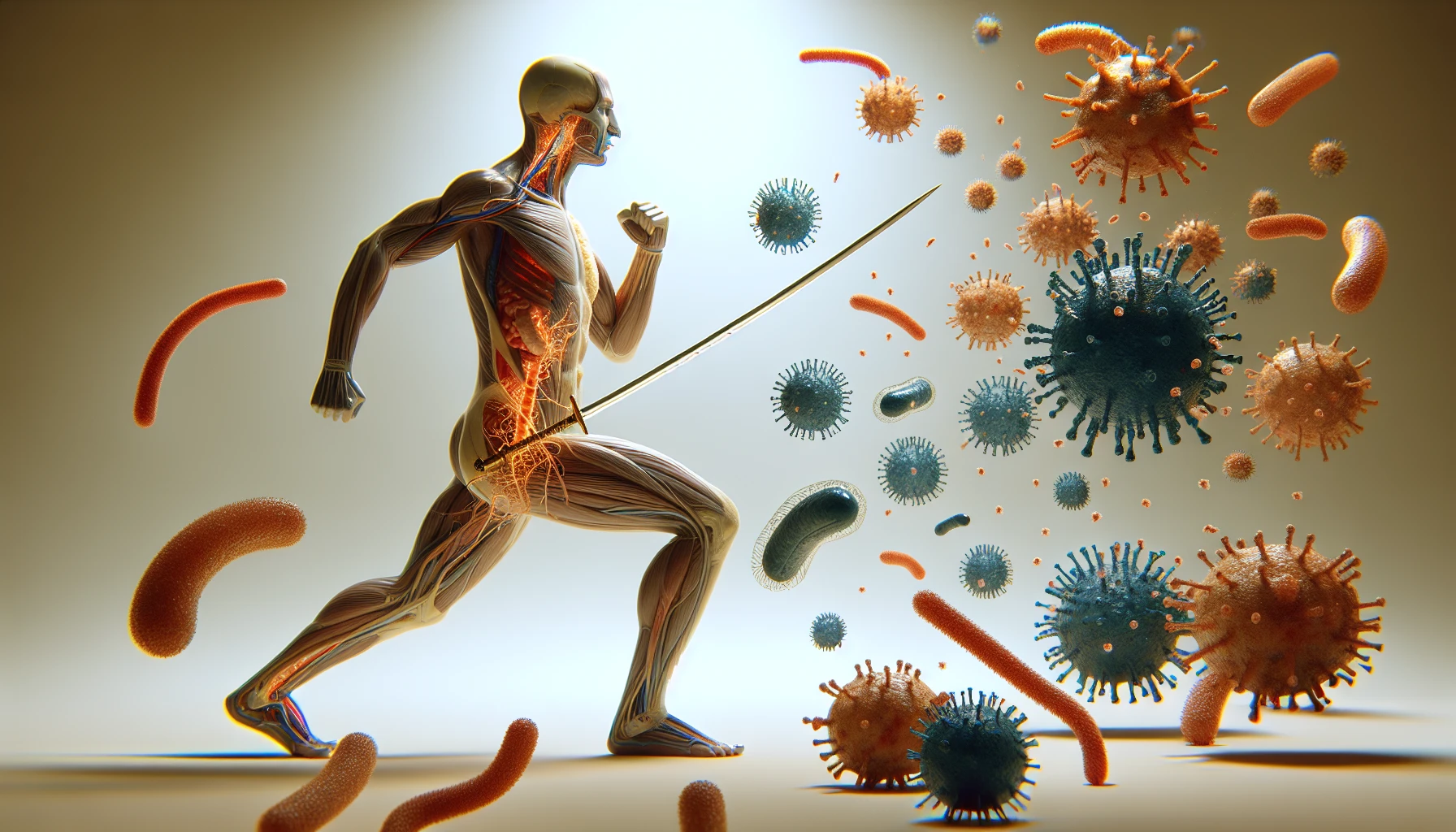 corpo umano anatomico di profilo con virus e parassiti che cercano di attaccarlo , sfondo neutro chiaro, iperrealistico 4k emoji
