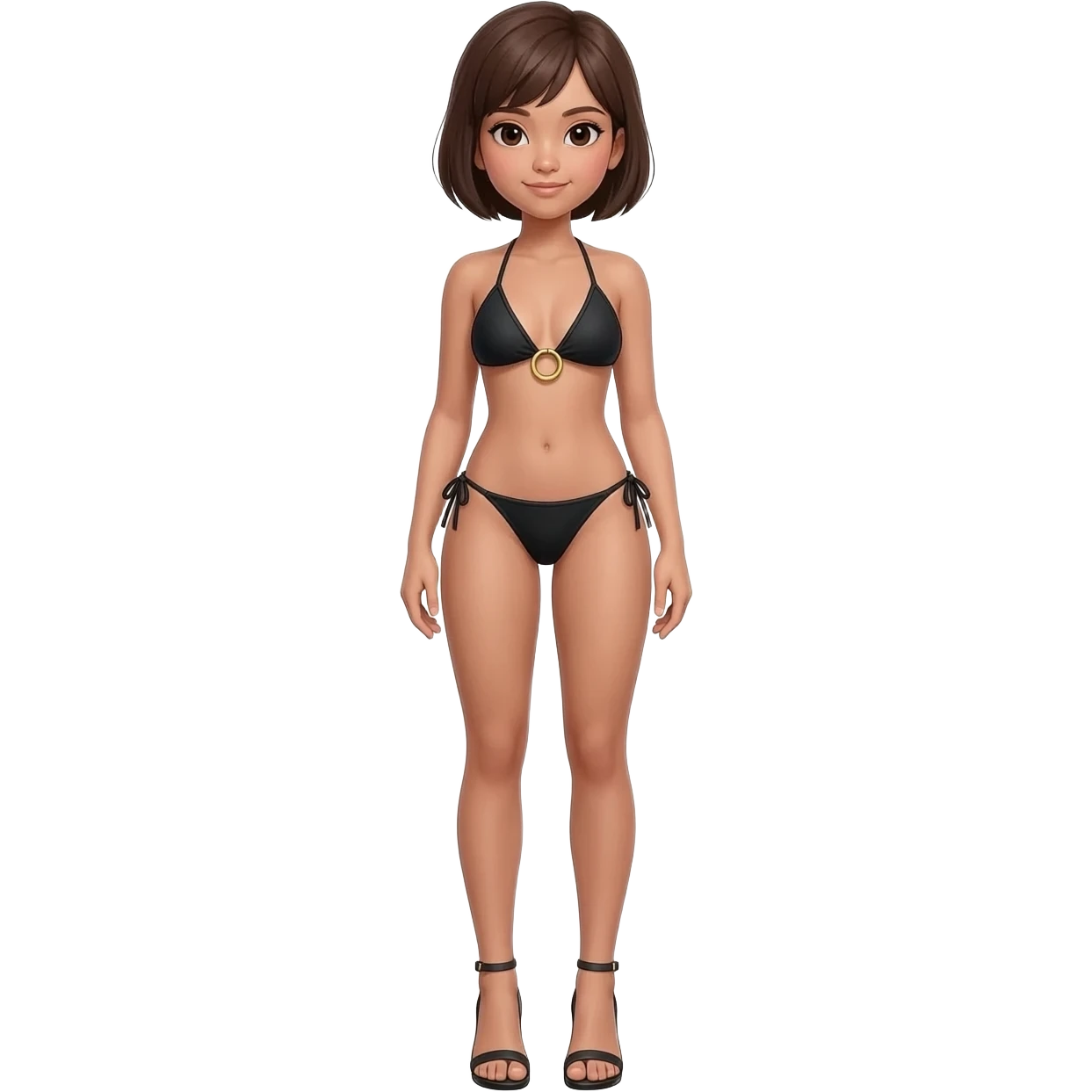 Filipino girl black triangle top gold o ring top bikini and tie tanga bikini bottom full body slim stand straight with high heels sandals brown short hair emoji