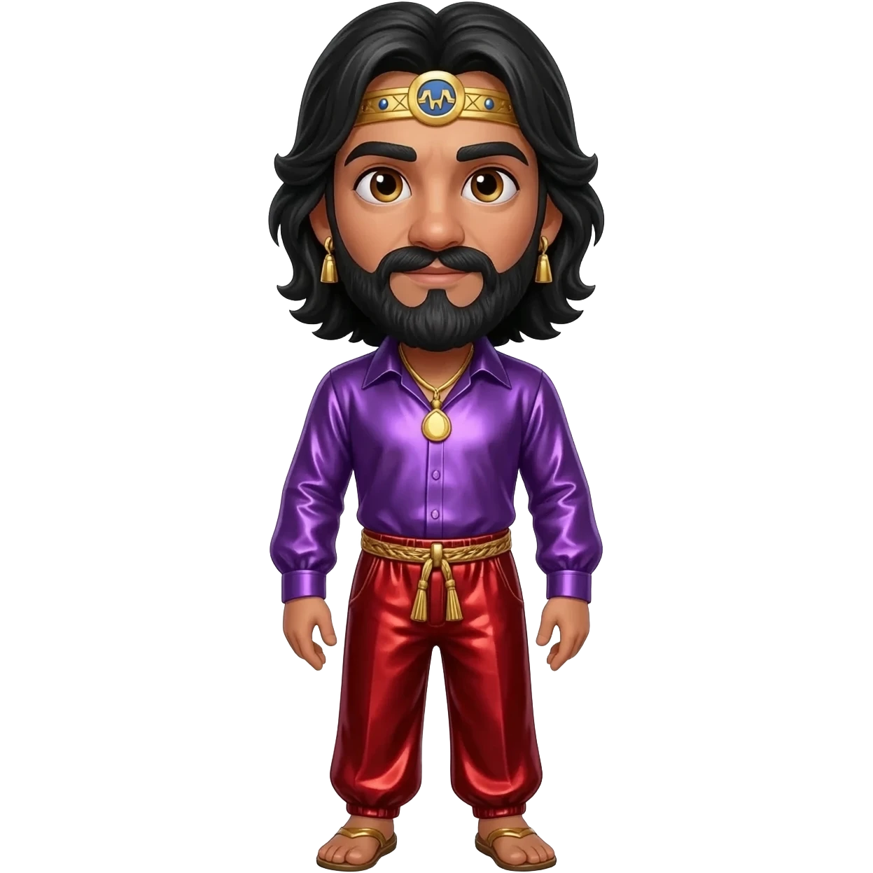 King Solomon with hazel eyes, long black hair, royal purple metallic shirt, red metallic baggy pants, gold necklace and earrings emoji