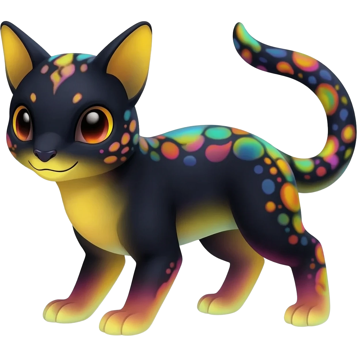 Rare realistic exotic black iridescent warm-yellows pastel gradients cute epic pretty beautiful handsome gorgeous aesthetic colorful vibrant Vernid-Trico-species-Fakemon-creature by LiLaiRa, 4 legs, 1 tail, random markings, (full body) emoji