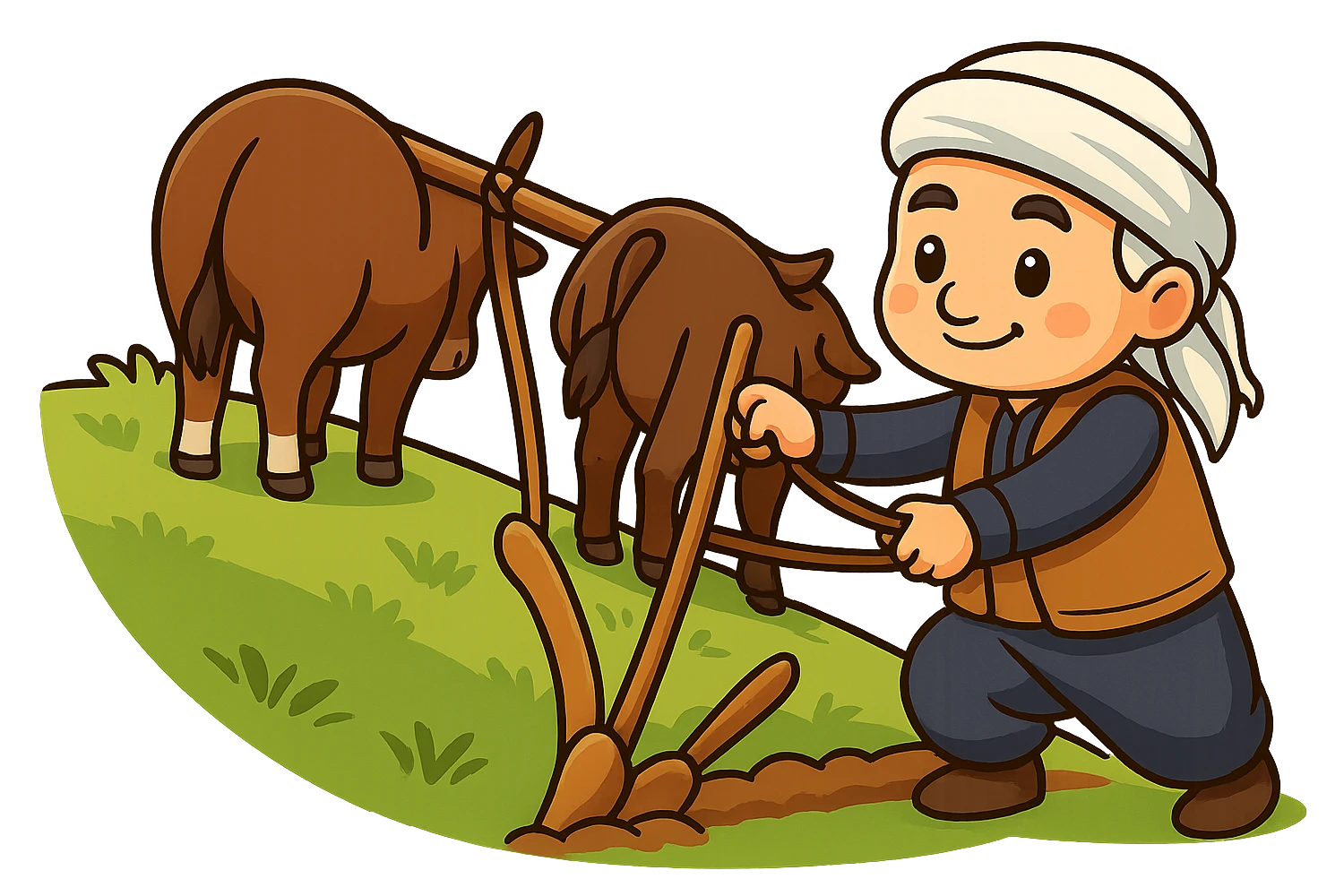 Edit the chibi cartoon sticker to match the exact arrangement of the yoke and traditional plow (نیر و ئامور) between the two cows, just like the new reference image. The farmer should be holding the plow, and the cows should be positioned as in the reference, on a green hillside, in a cheerful and colorful style with a transparent background. emoji