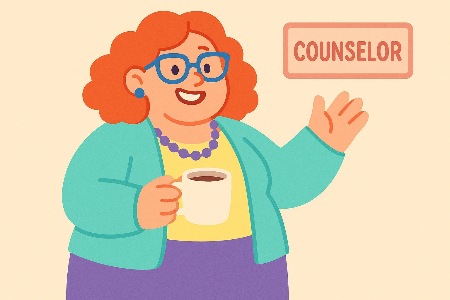 fun high school female counselor, curly red shoulder-length hair, blue glasses, overweight, smiling, approachable, holding a coffee mug emoji