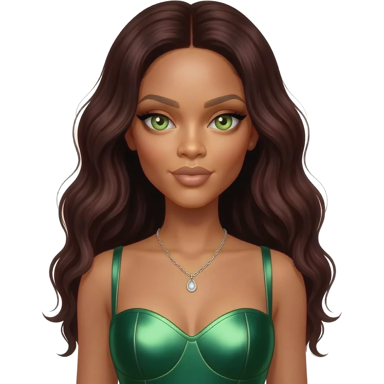 Rihanna with hazel-green eyes, long dark auburn hair, green metallic sweetheart dress, silver necklace emoji