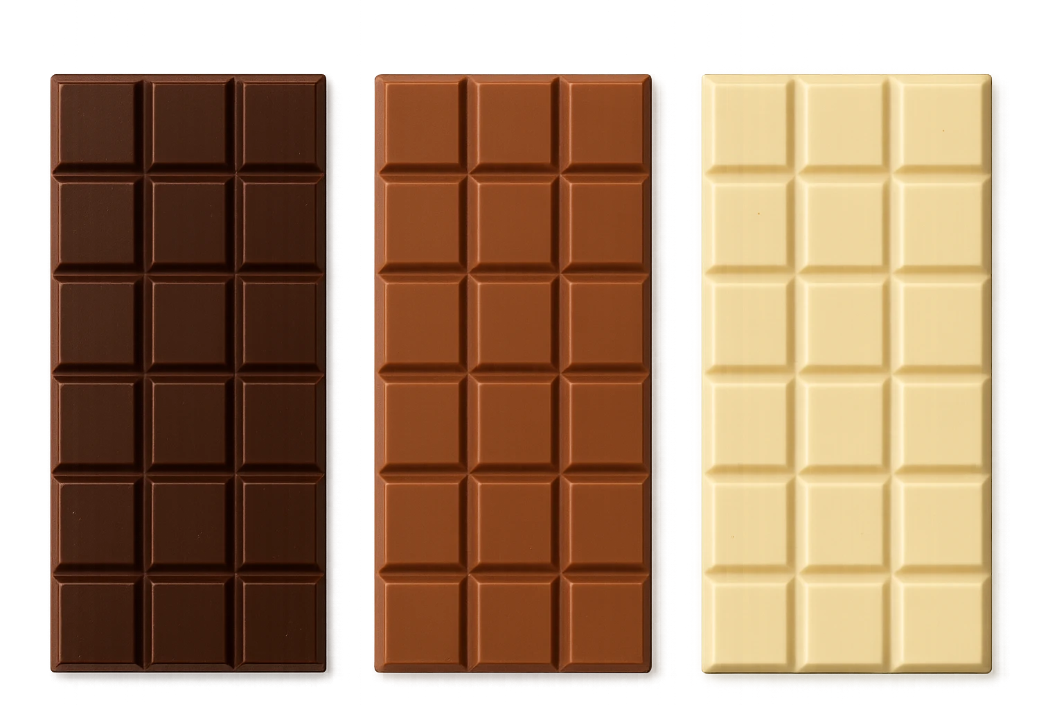 3 BARRETTE DI CIOCCOLATO, UNA FONDENTE, UNA AL LATTE E UNA BIANCA, VISTE DALL'ALTO, IPERREALISTICO 4K emoji