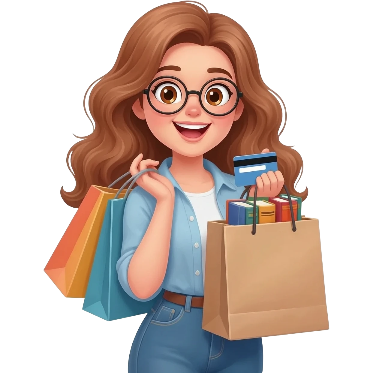 detailed emoji illustration of a curvy woman with long light chestnut brown wavy hair, light brown eyes and round glasses holding a big shopping bag of books with a credit card in her hand, excited book lover expression, cute emoji style illustration emoji