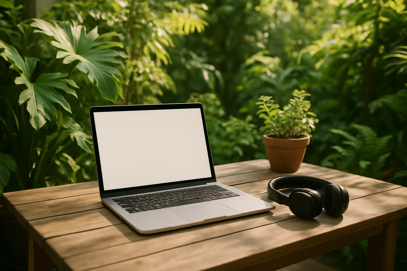 Garden workspace with laptop on table, headphones, plants in background, friendly mood emoji
