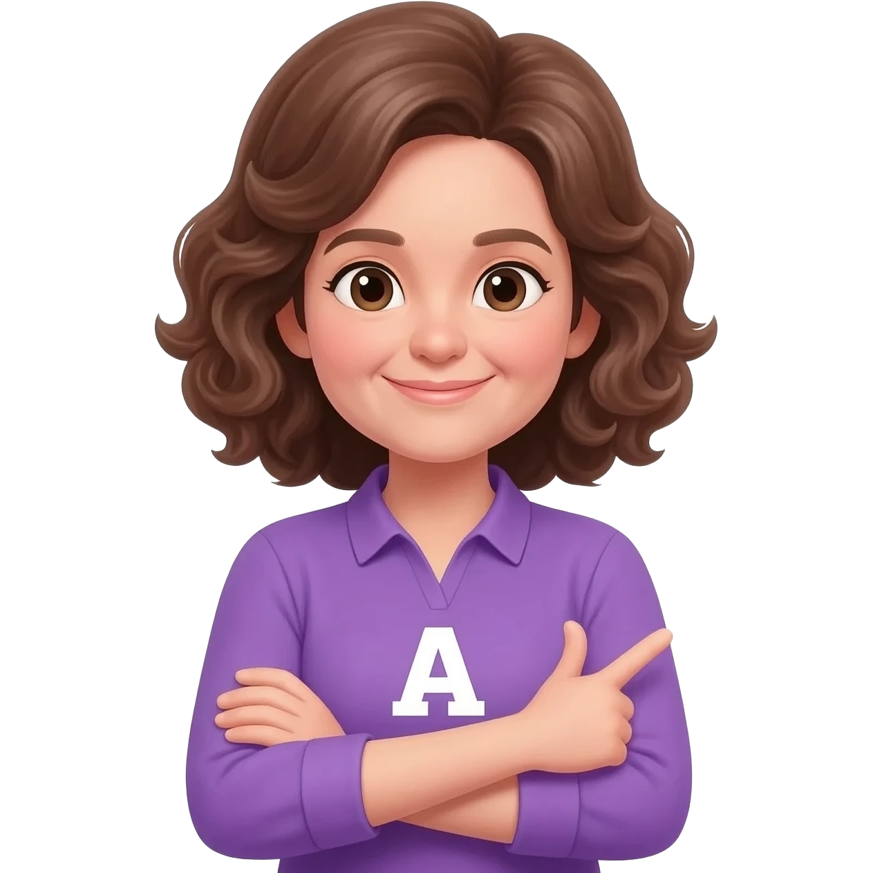 emoji de una chica haciendo tacha con los brazos una blusa morada con la letra A y pelo cafe que parezca monita de roblox emoji