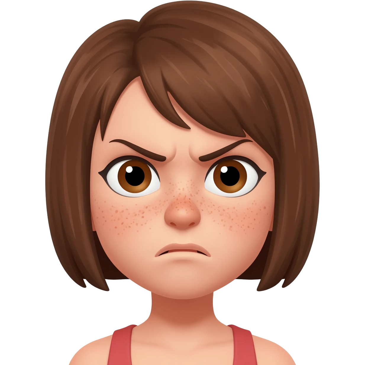 a girl with short hair, with freckles on her face. She has brown eyes. She's angry. emoji