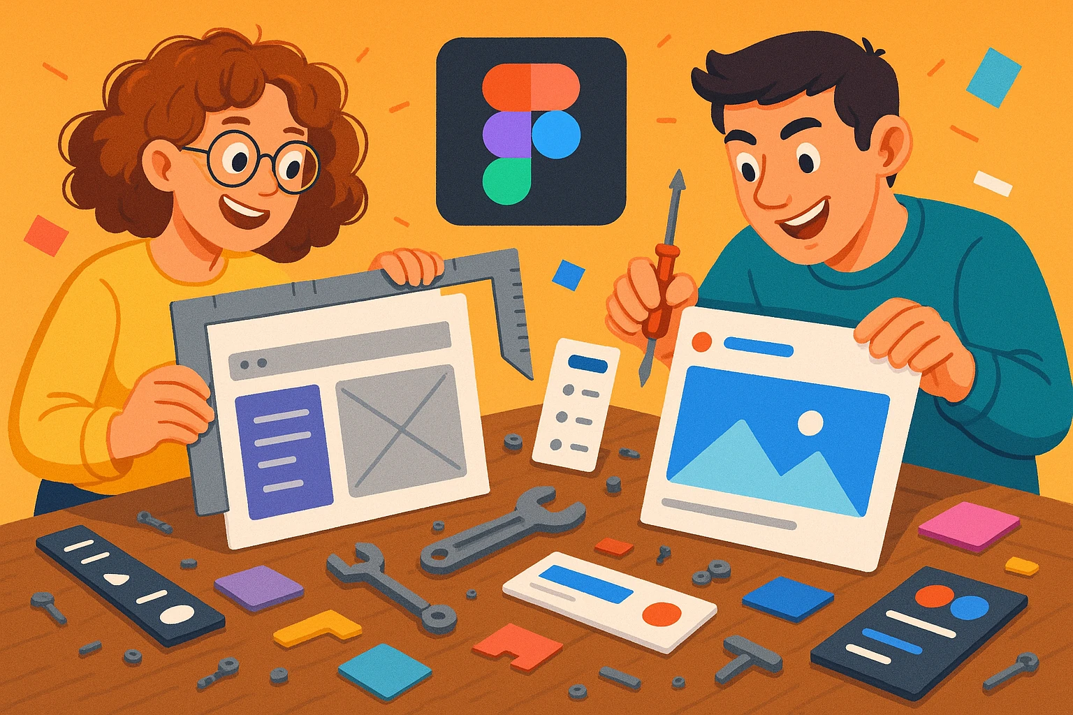 A creative workshop scene with two designers: one with curly hair, one with short dark hair. They are playfully focused, surrounded by scattered UI parts, Figma interface pieces, and repair tools, working together to turn legacy UI into a clean, beautiful design. emoji
