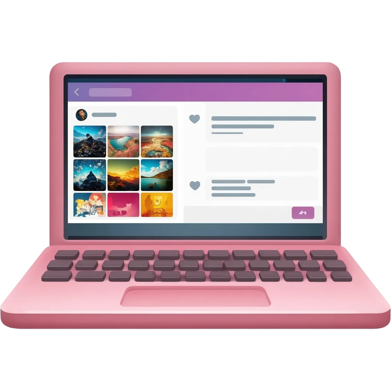 a pink laptop with an instagram feed layout page on the screen emoji