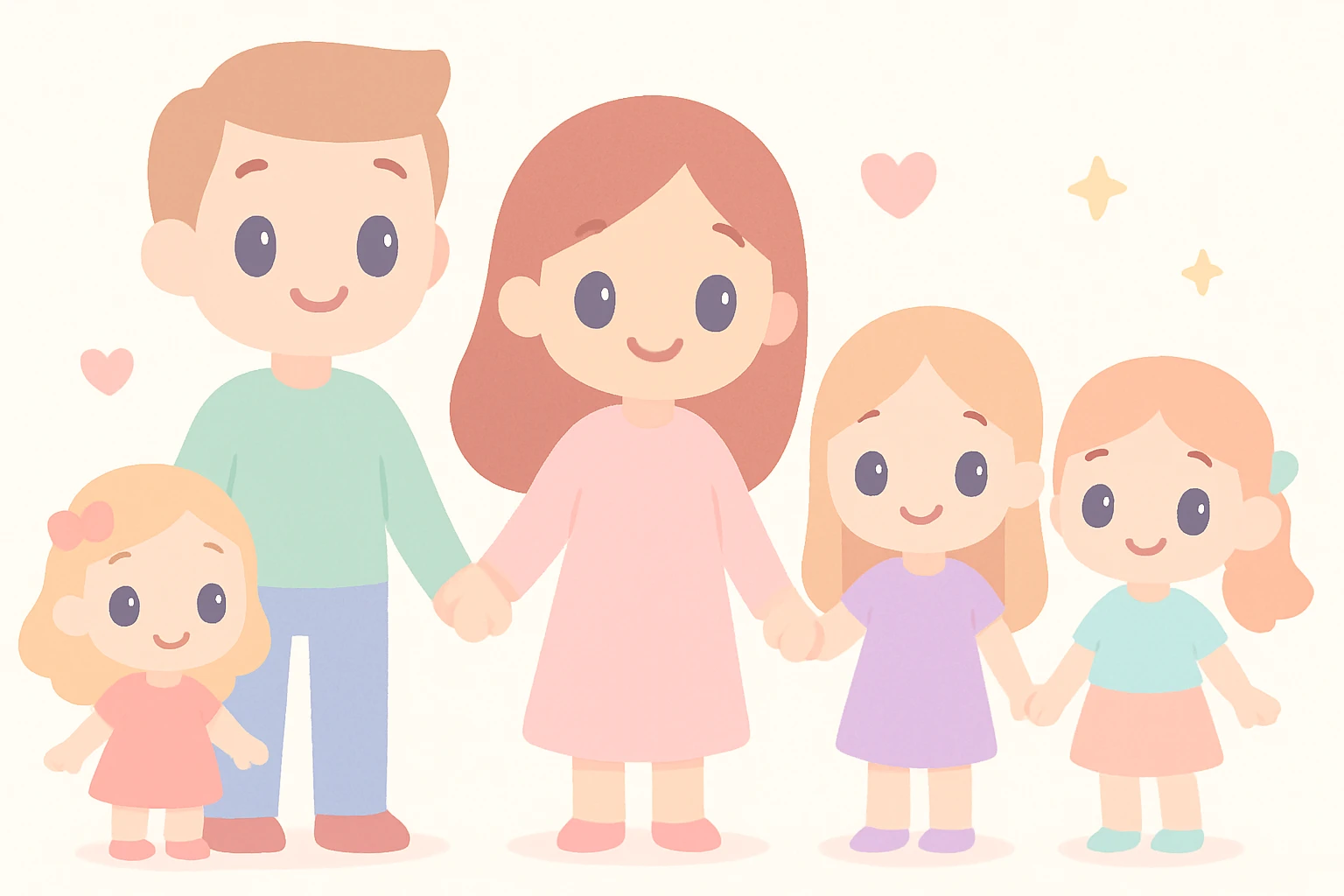 a warm illustration style family with dad, mom, and three daughters, all holding hands emoji