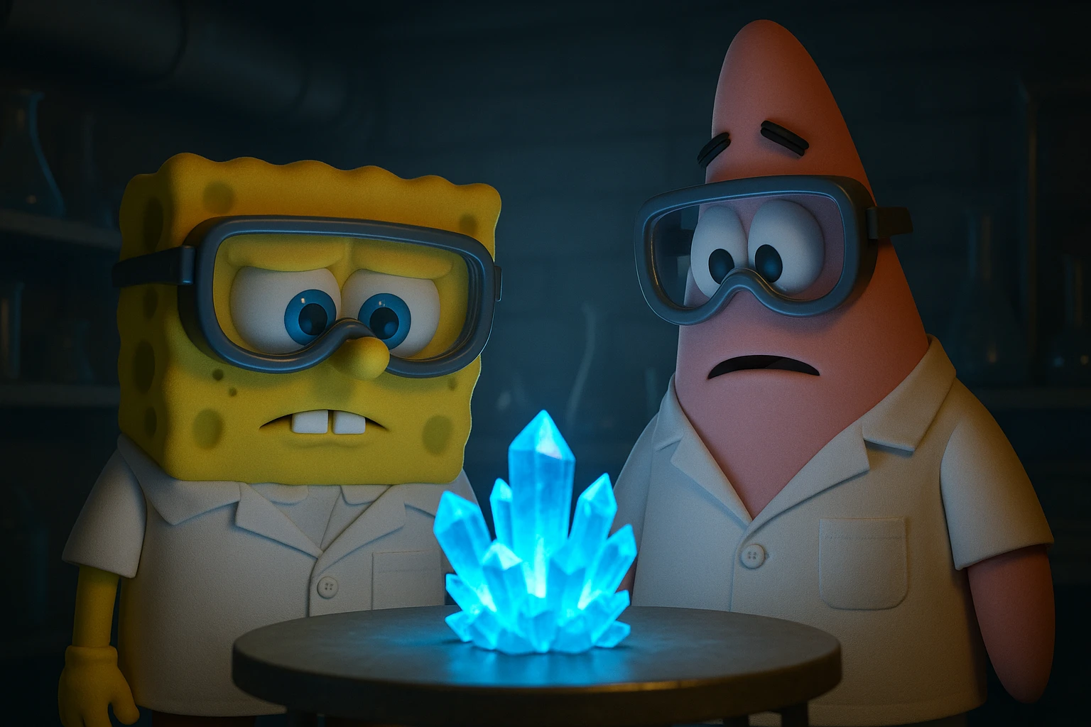 3D cienmatic cartoon shot, spongebob and patric dress in safety glasses and safe white outfit, the are standing front of table with blue crystals on table glowing (light source) science room in basement, back light, Cinema 4d render, proffesional lightning emoji