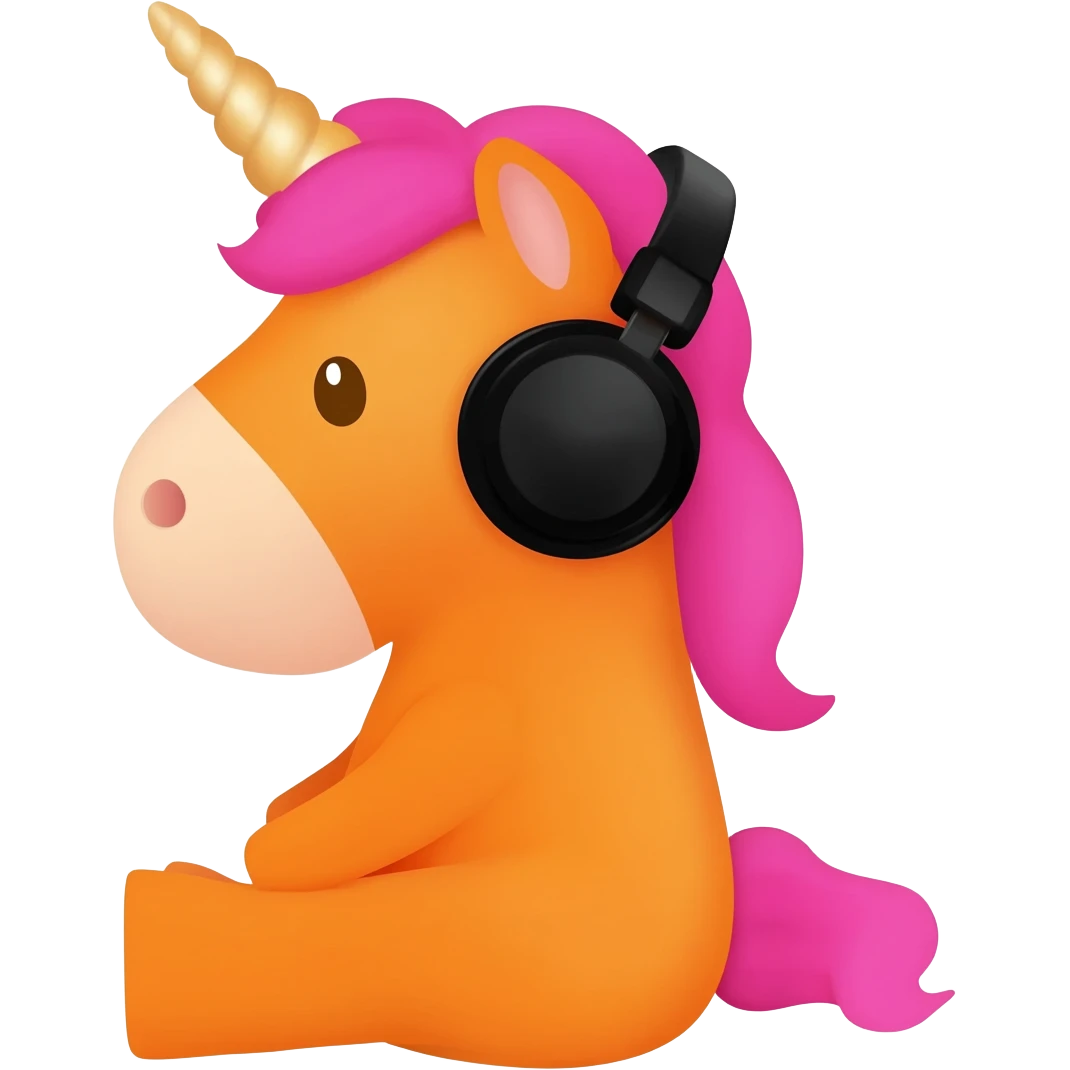 Unicornio bebé naranja sentado escuchando música con auriculares negros emoji
