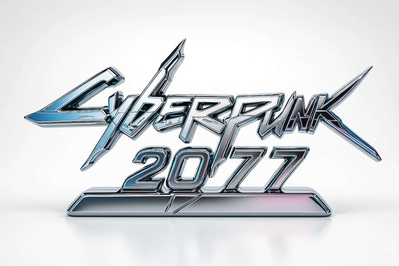 cyberpunk 2077 logo with metallic effect in neon blue and pink, chrome style emoji