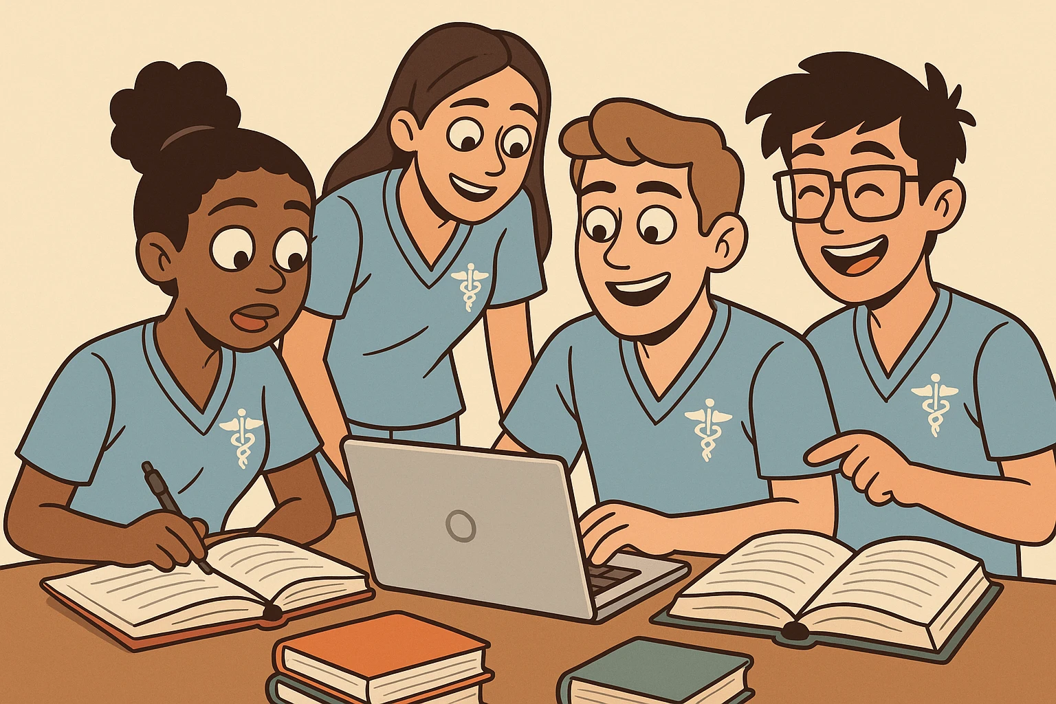 four nursing students working together, studying together, books and laptops, modern flat style emoji