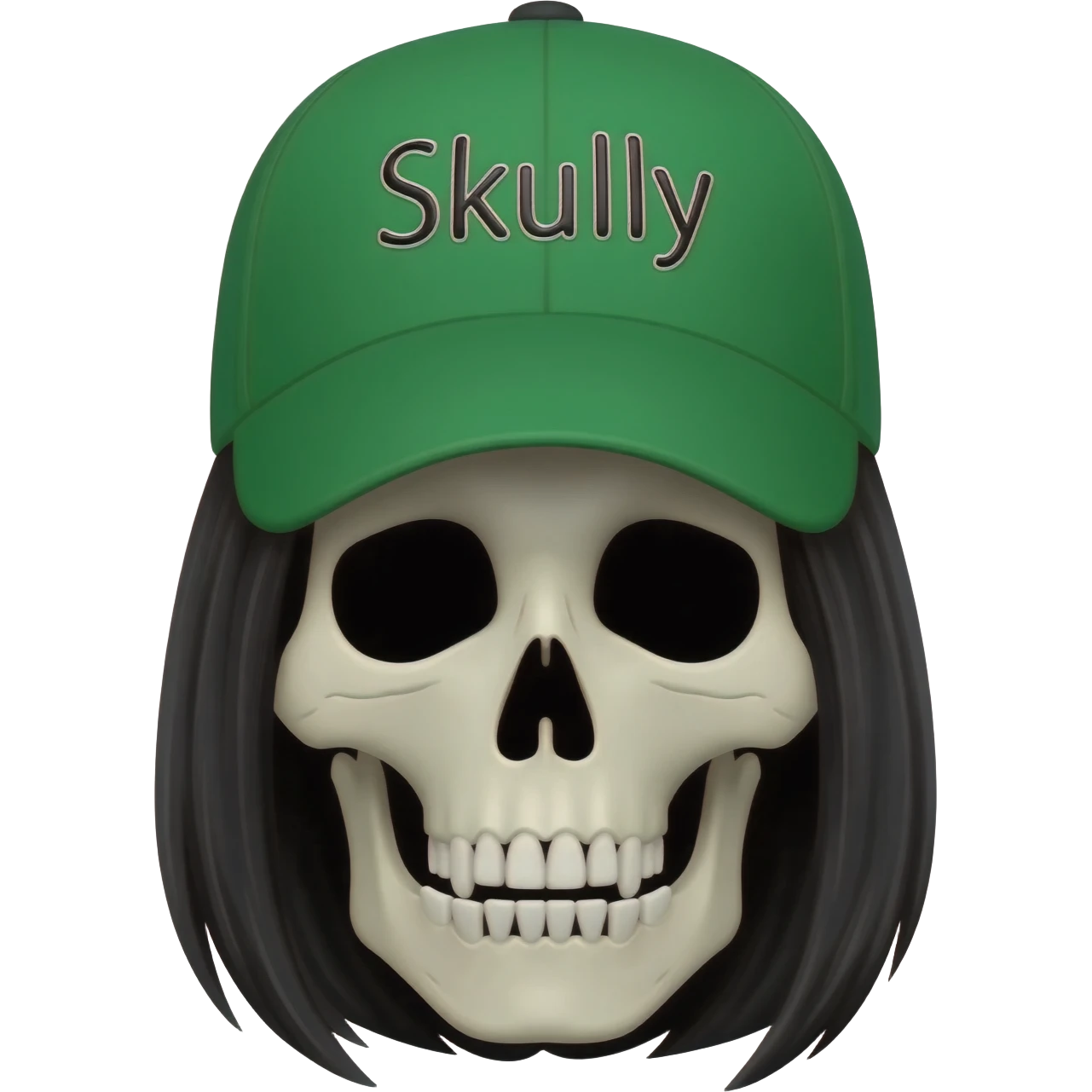 Create a woman skeleton head with black hair wearing a baseball cap that says "Skully" in green emoji