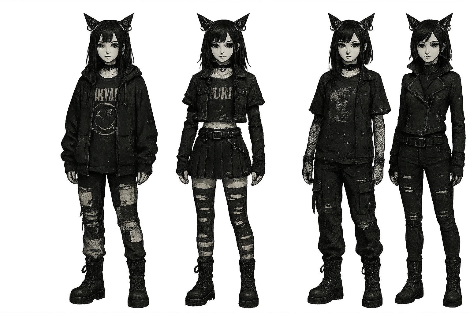 outfit designs for a VTUBER OC. The style is mixed 90's grunge, punk, lots of black and white in the color scheme, futuristic aesthetic. Clothing has small rips and tears from wear, logos and designs are faded. Garage, Shoegaze, postmodern style. character design concept art outfits for a female emoji