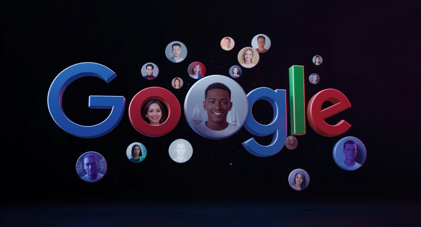 Graphic of a flying aroundg google profiles with 3d disney style faces of people (Gradient black and blue background) emoji