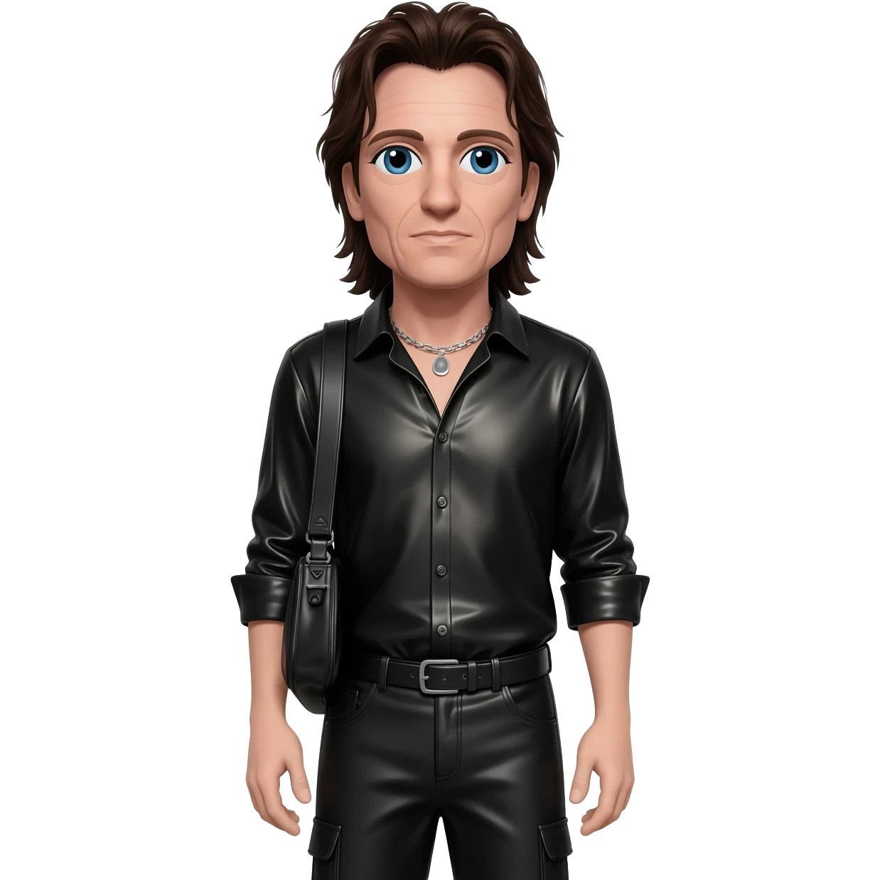 Bono with blue eyes, long dark brown hair, black metallic shirt, black metallic baggy pants, silver necklace emoji