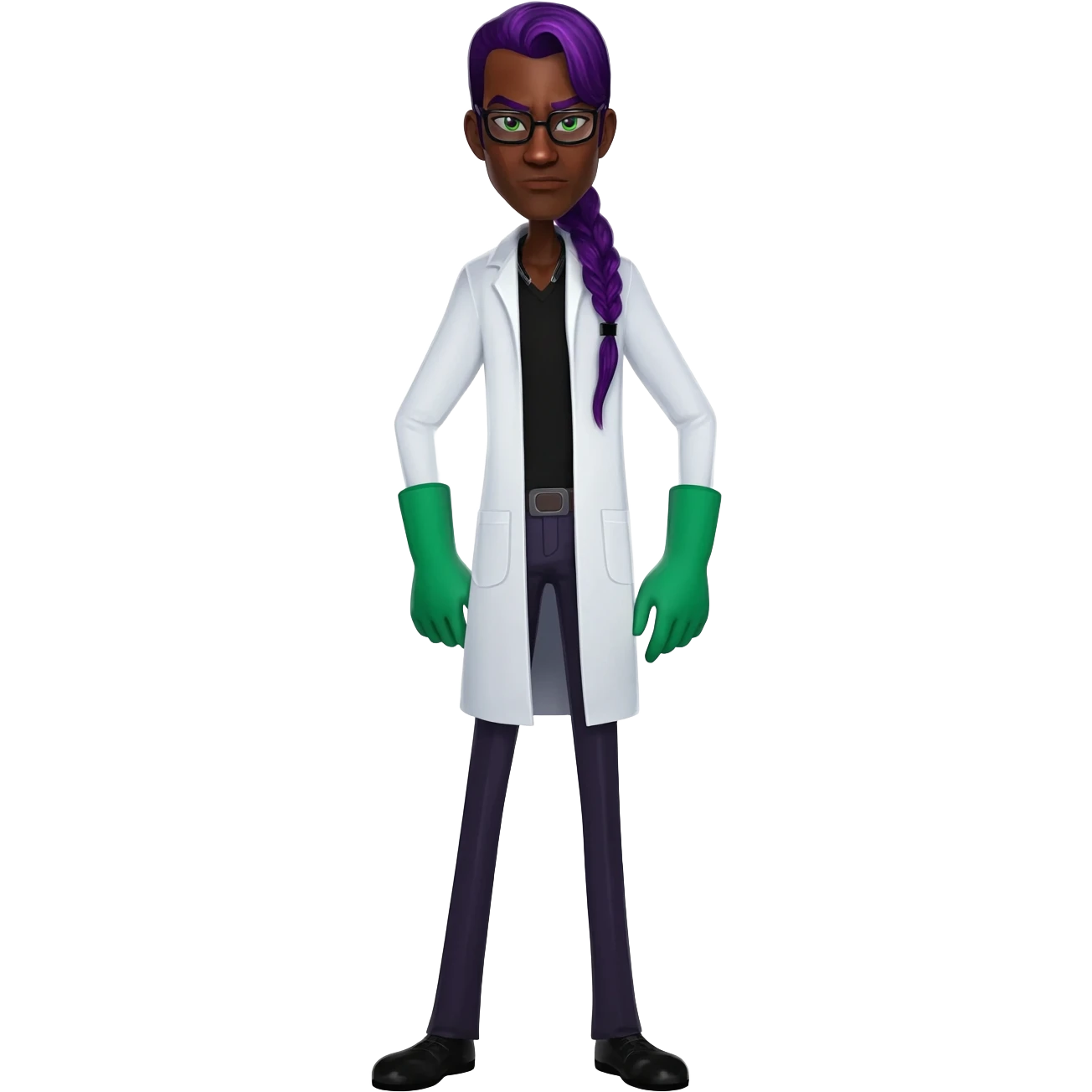Mad evil scientist black male white cost green gloves glasses purple hair side bold on top very skinny very tall full emoji
