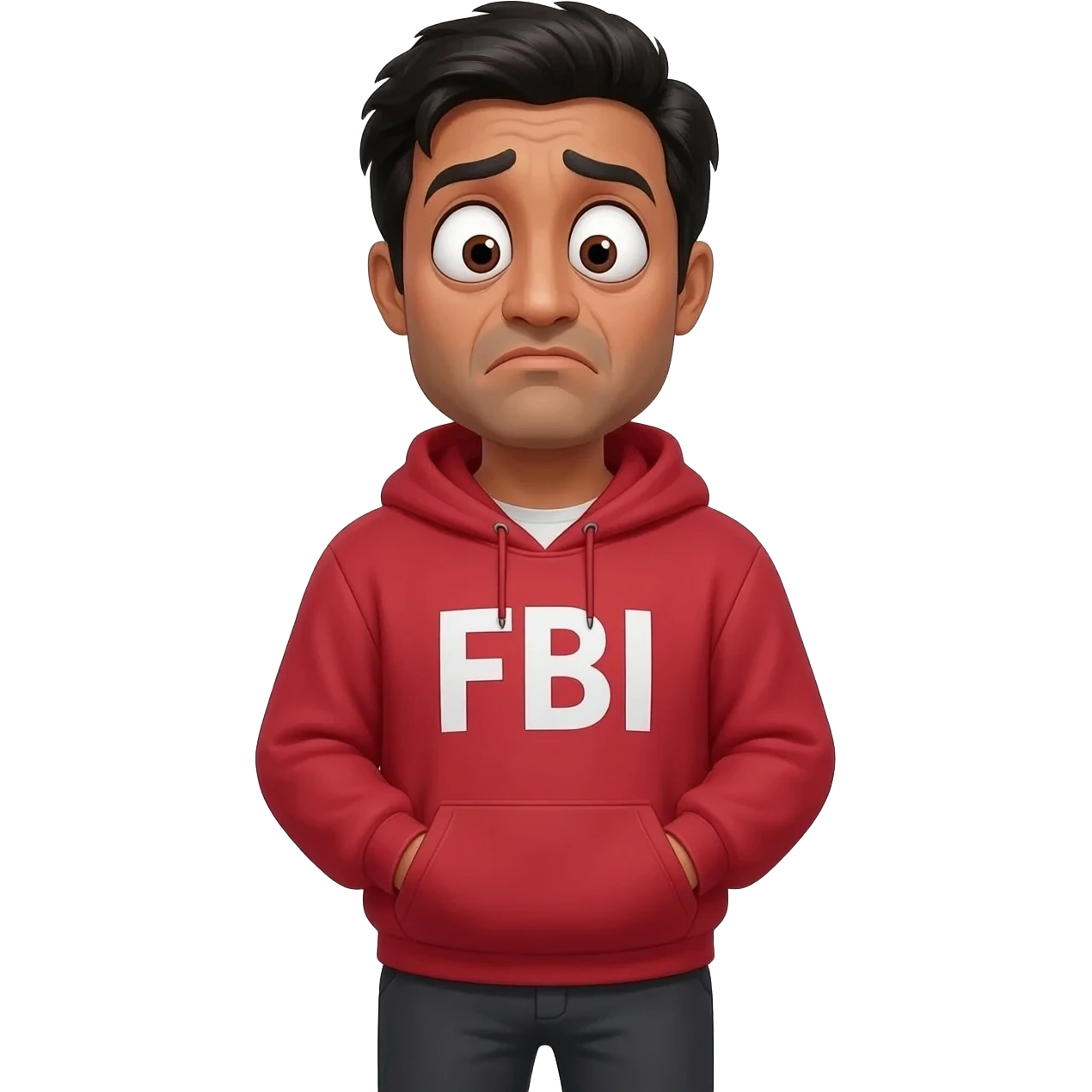 fbi director Kash Patel an Indian man with bulging eyes, in a realistic photo style full body wearing a red hoodie, bulging eyes like he's high on drugs emoji