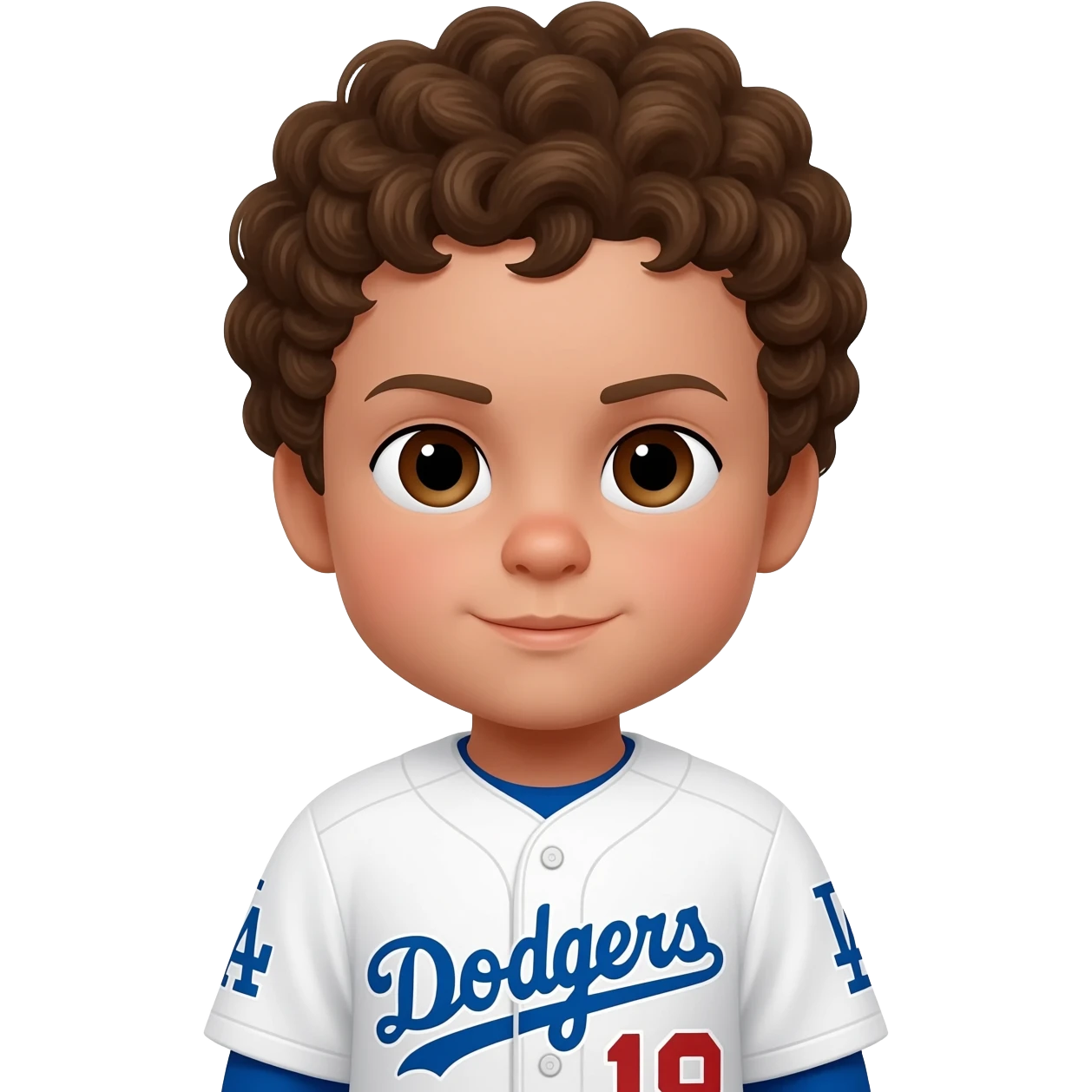 toddler boy in a dodgers uniform with curly brown hair brown eyes and light skin emoji
