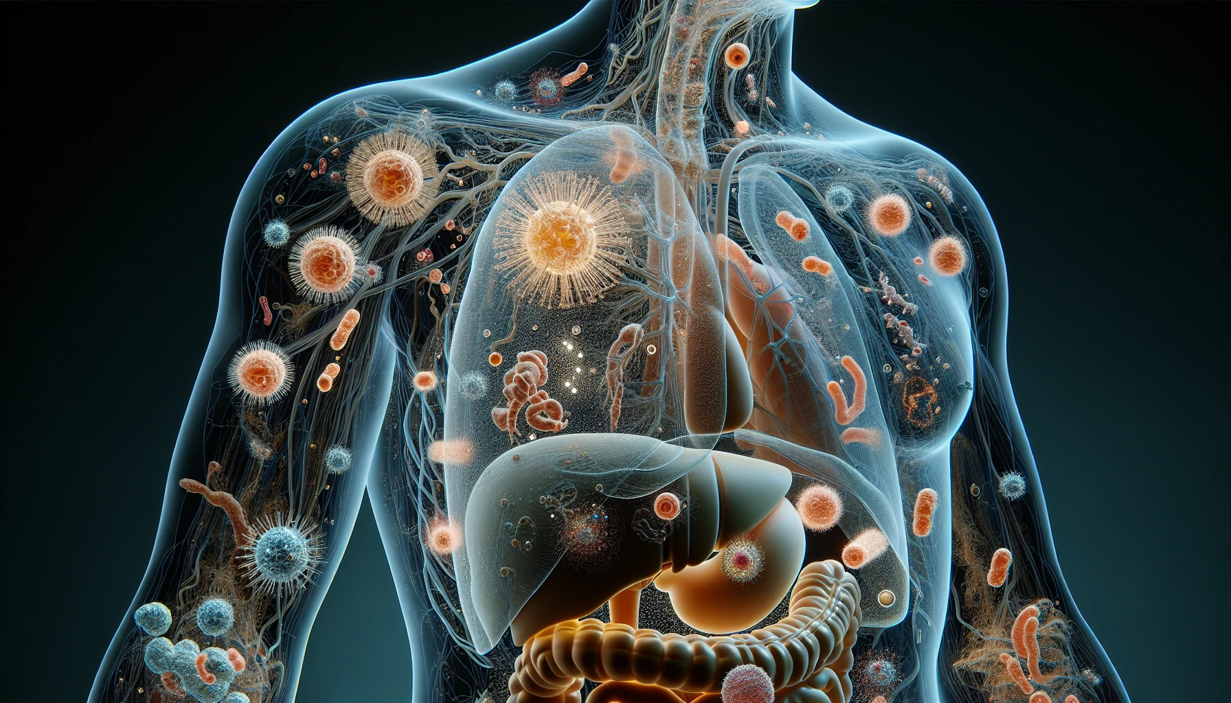 corpo umano anatomico che accumula tossine e virus e malattie nel corpo , iperrealistico 4k emoji