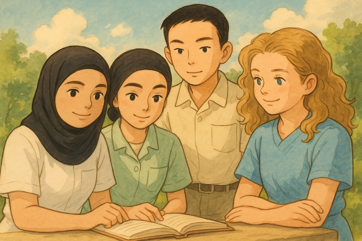 Illustration Ghibli of four nursing students working together, wearing short-sleeved outfits without stethoscopes, inspired by the four provided faces, natural and peaceful atmosphere, version 4 emoji