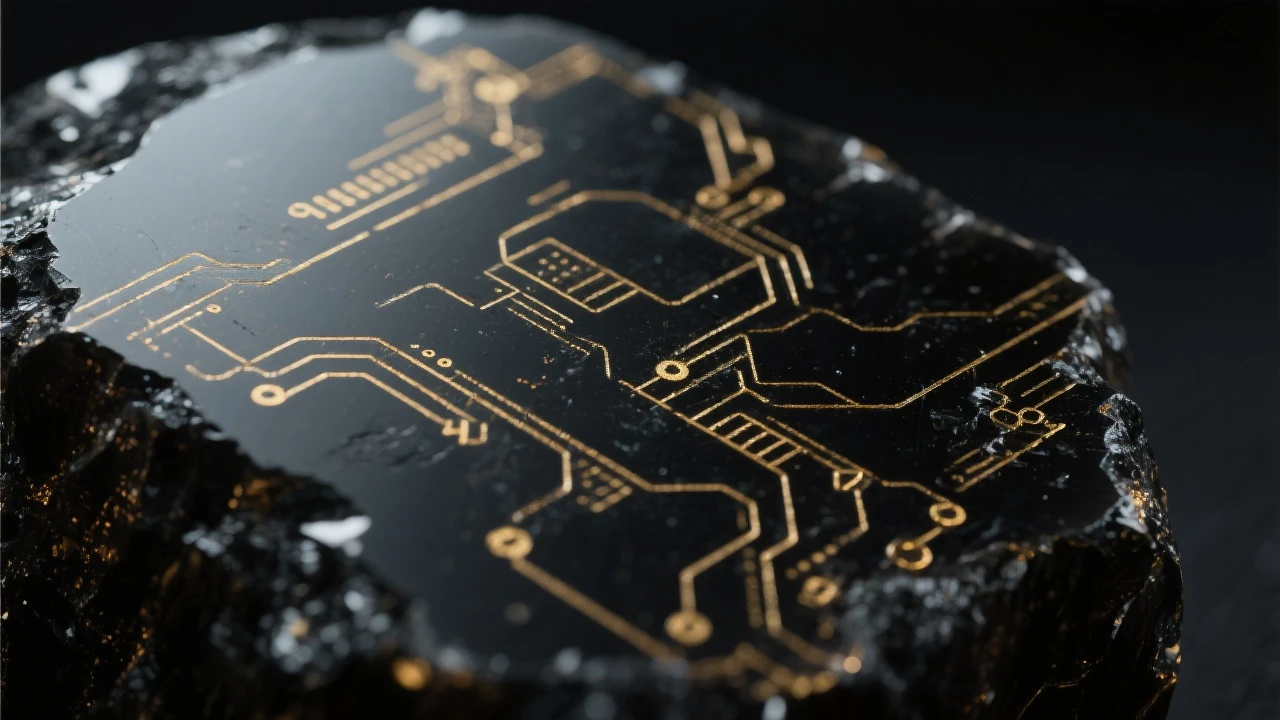 Extreme closeup of black obsidian surface with subtle gold technology etchings in moody, dark lighting. emoji